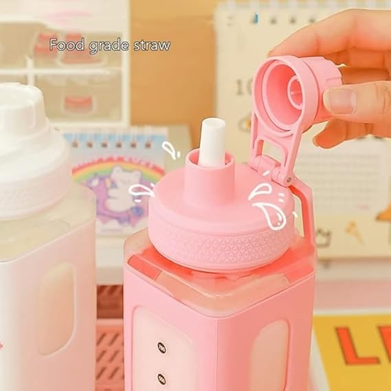 Water Bottle with Straw and Sticker, Kawaii Bear Water Bottle, Large Sport Plastic Portable Square Drinking Bottle for Girl, Cute