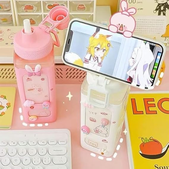 Water Bottle with Straw and Sticker, Kawaii Bear Water Bottle, Large Sport Plastic Portable Square Drinking Bottle for Girl, Cute