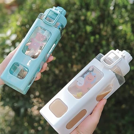 Water Bottle with Straw and Sticker, Kawaii Bear Water Bottle, Large Sport Plastic Portable Square Drinking Bottle for Girl, Cute